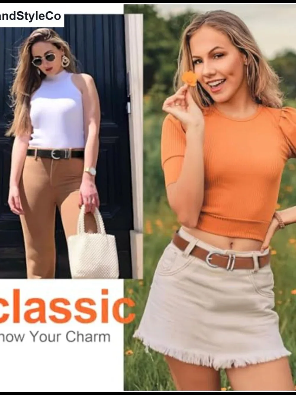 2 Pack Faux Leather Belts for Women Gold Buckle Fashion Belt